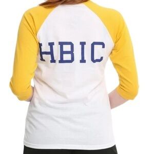 HBIC Graphic Raglan Tee Yellow White Baseball Shirt 3/4 Sleeve New Large